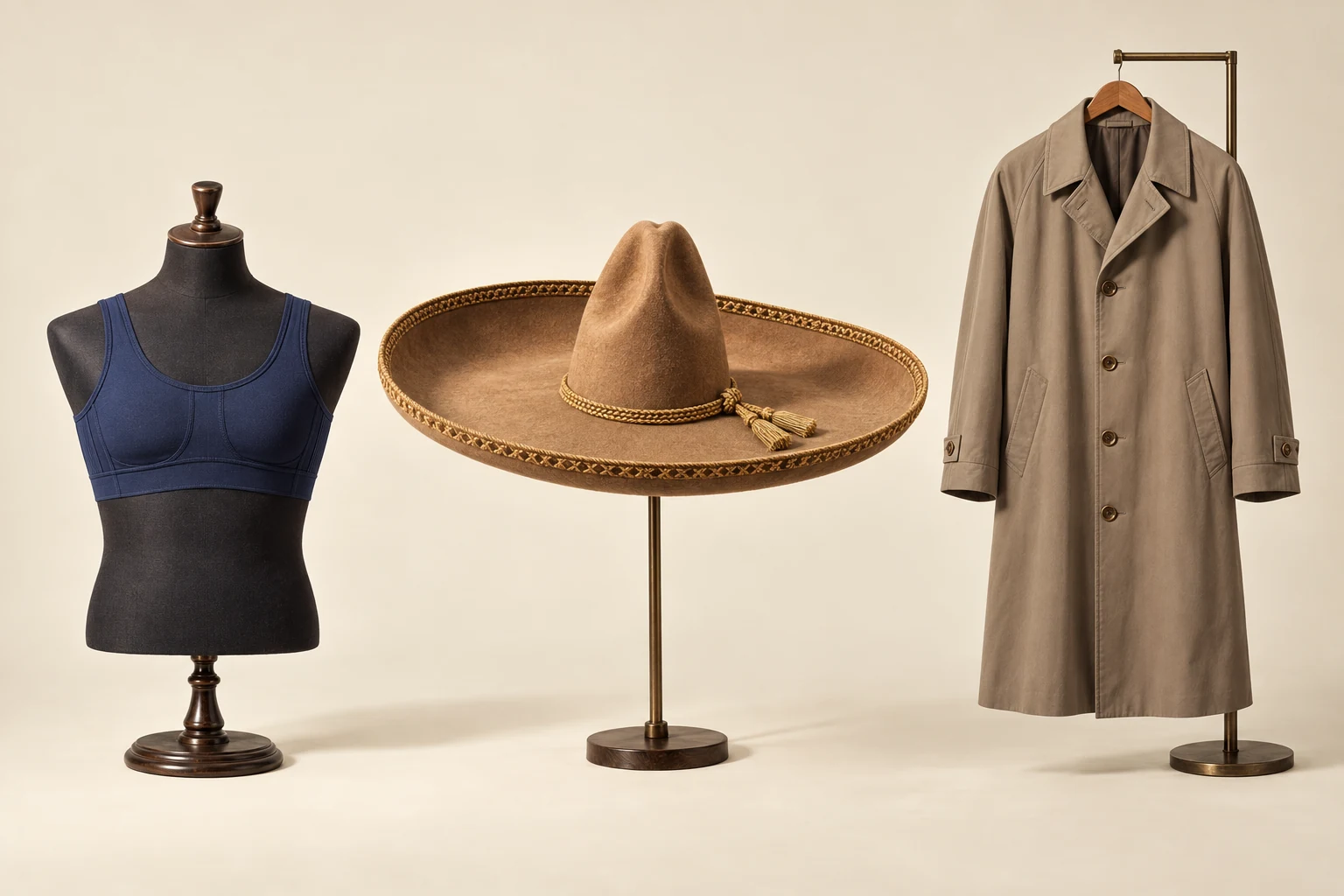 A supportive garment on a tailoring mannequin, an enormous felt sombrero on a stand, and a beltless trench coat on a brass rack