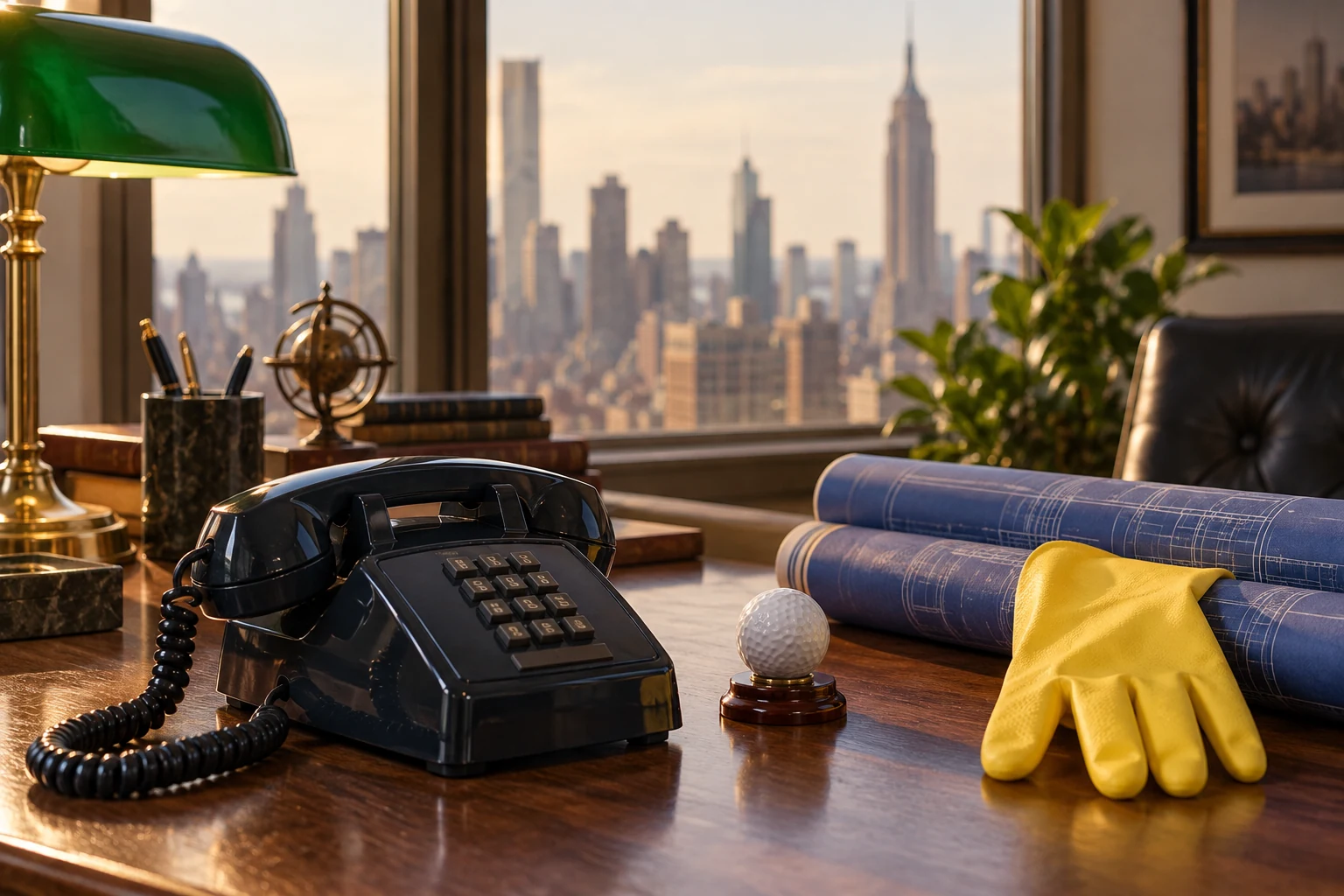 A telephone, a yellow latex glove, rolled architectural plans and a golf ball on a desk overlooking Manhattan